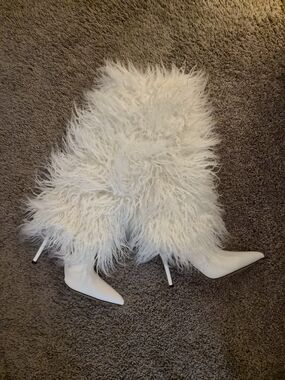 SHEIN White Faux Fur Pointed-Toe Stiletto Over-the-Knee Boots